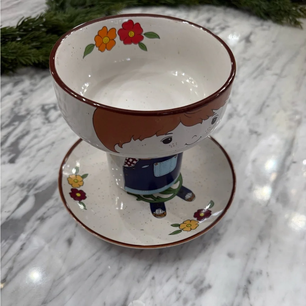 Vintage 1970s Fred Roberts Ceramic Farmer Boy Bowl, Mug, and Saucer Set - Picture 5 of 8